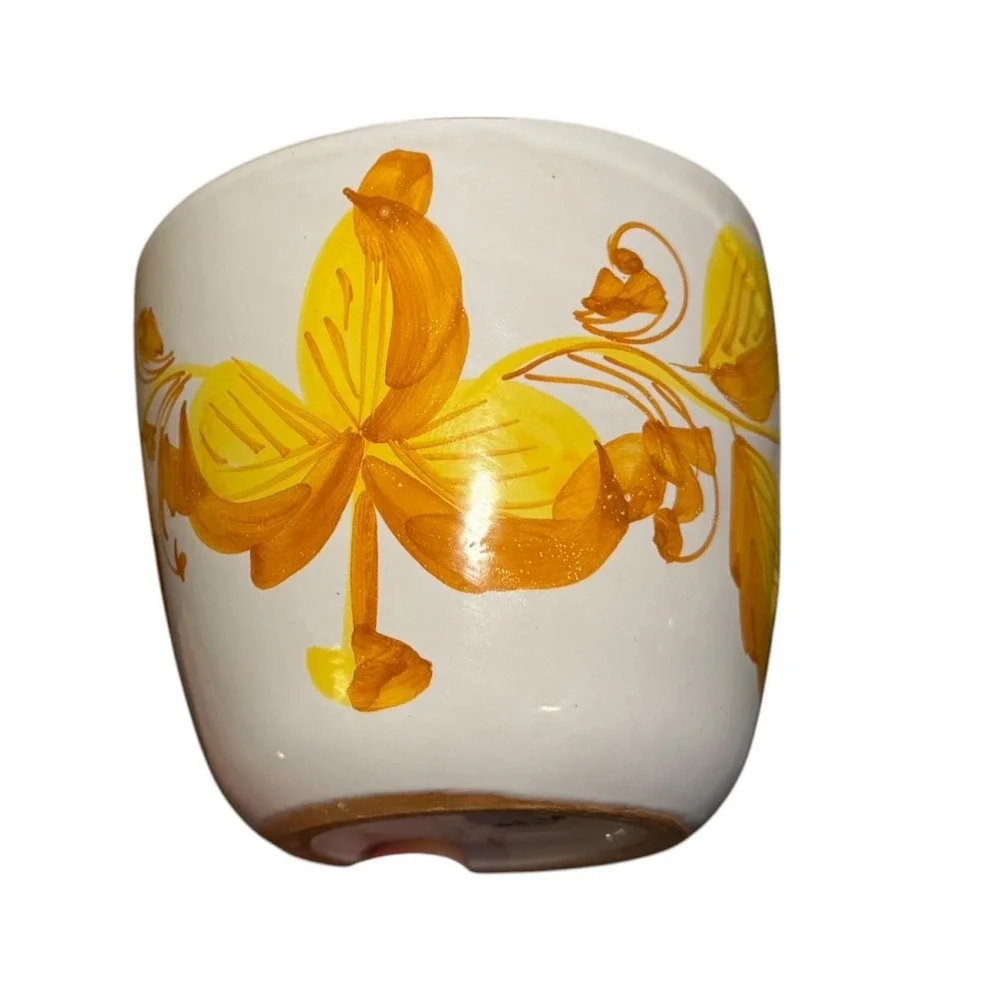 Vintage Italian Hand Painted Floral Ceramic Planter Cache Pot Yellow